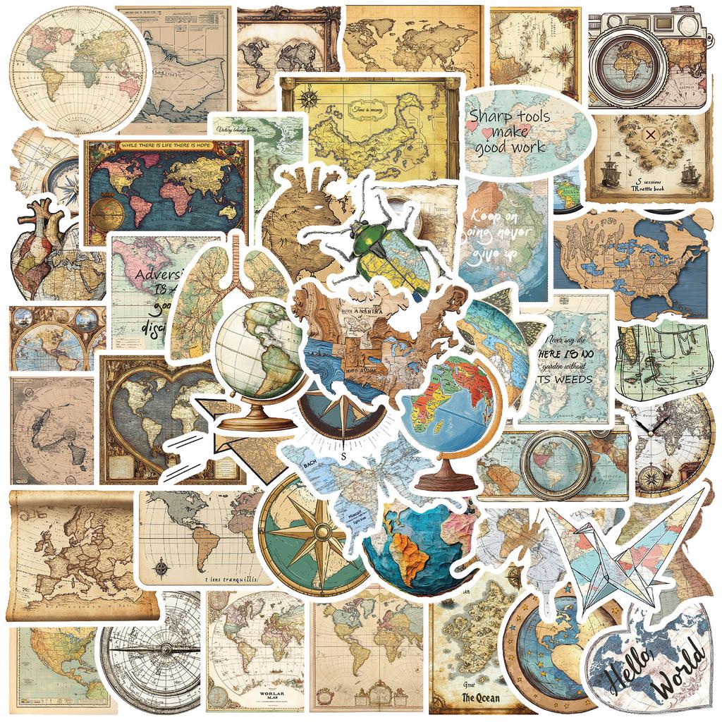 50 Vintage Travel Map Creative Stickers, Luggage Notebook, Water Bottle, Luggage Box