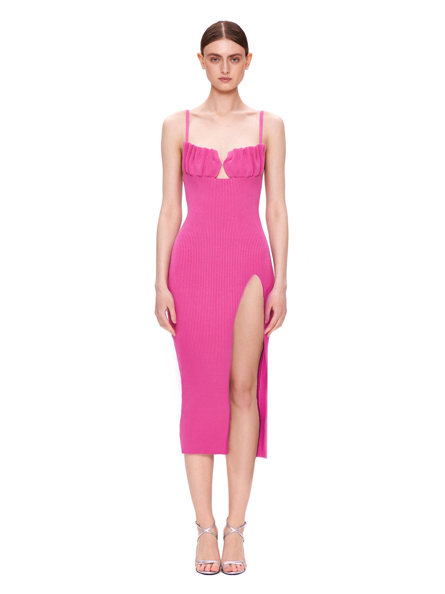 

Европейское и американское женское осенне-зимнее сексуальное платье с открытой спиной, вырезами, ракушечным верхом, присборенным бюстом и разрезом XS яркий розовый