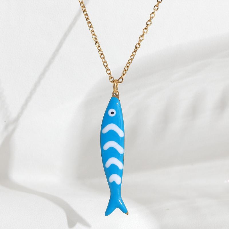 Süße Bunte Emaille Fisch Anhänger Halskette für Damen Edelstahl Streifen Fisch Charms Sommer Strandparty Urlaub Schmuck Geschenk