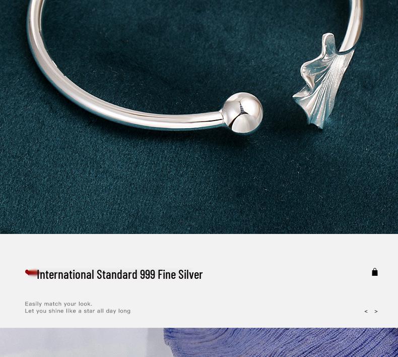 999 Sterling Silver Three Lives One Fate Open Bracelet, Ancient Style, Apricot Leaf Design, Artistic and Simple Women's Gift