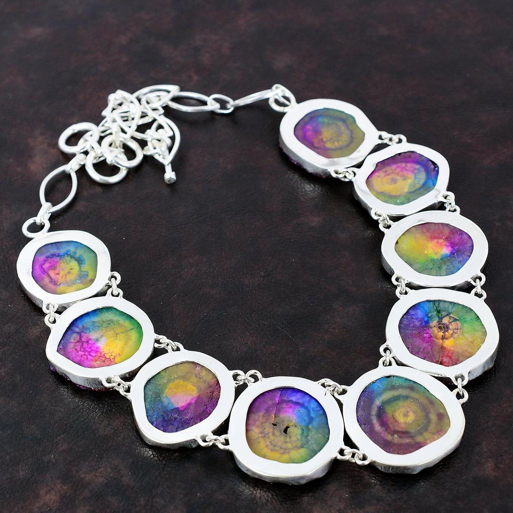 Regenbogen Solar Quarz Druzy Halskette 925 Sterling Silber Halskette verstellbare Kette Halskette Geschenk für Frauen handgemachte Halskette Edelstein Schmuck