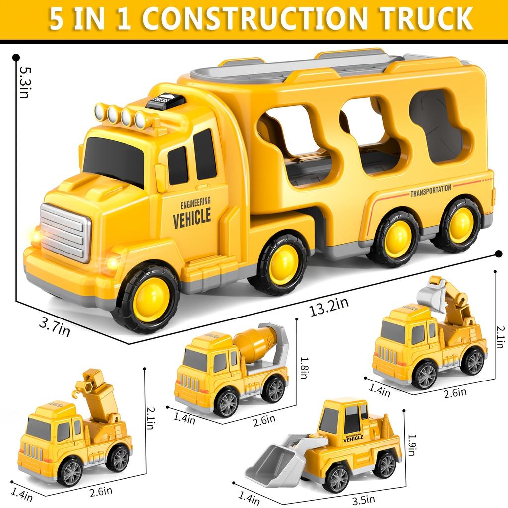 5-in-1 Fire Trucks Toddler Fire Engine Toys For Boys Girls Carrier Truck Transport Cars Christmas Birthday Best Present