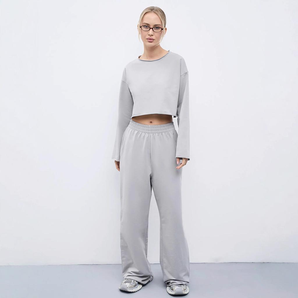 Spring and Summer Women's Casual Suit Solid Color Long Sleeve Crew Neck T-Shirt Elastic Wide Leg Pants Two-piece Set