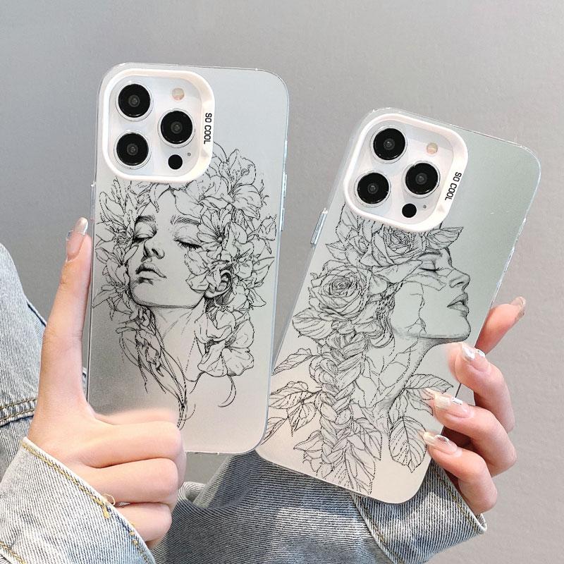 Beautiful Flower Girl Line Design Durable Laser Phone Case For iPhone 13 Mini 12 11 Pro Max 17 16 15 14 Pro Max Plus Back Covers