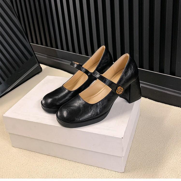 Washed cowhide~ Camellia leather thick heel high heels women's retro platform small leather shoes Mary Jane single shoes ladyshoes