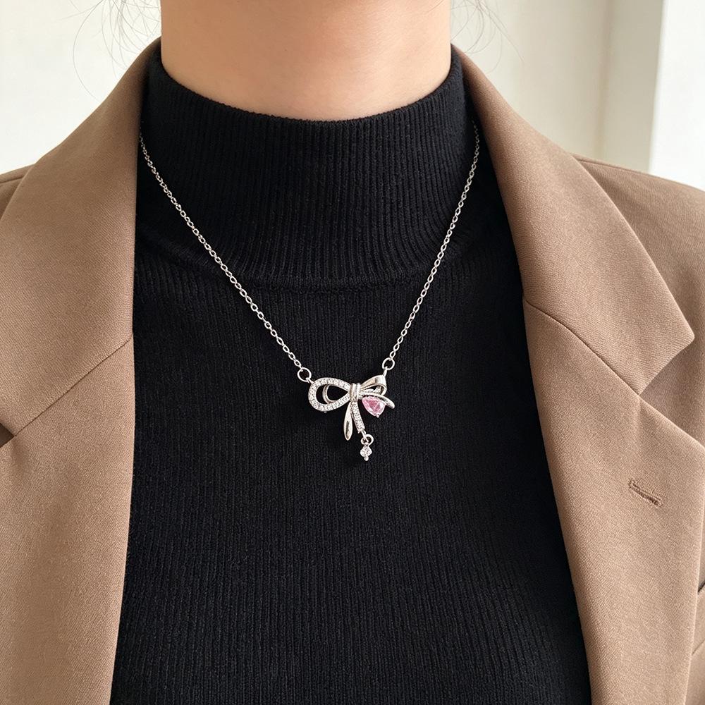 French Fairy Bow Tassel Necklace with Pink Zircon Clavicle Chain - Fashionable Light Luxury Qixi Gift