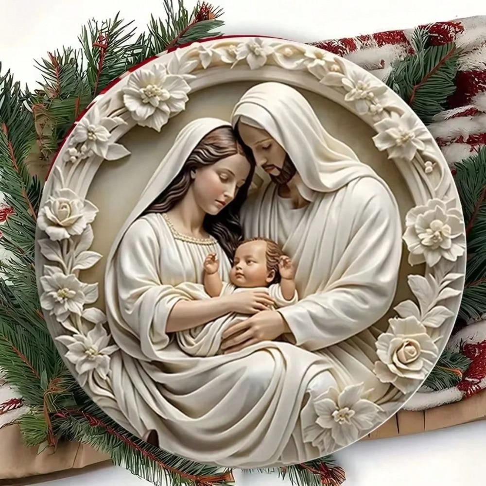 Christmas Nativity Wall Art Aluminum Round Sign 3D Vision Front Door Decor