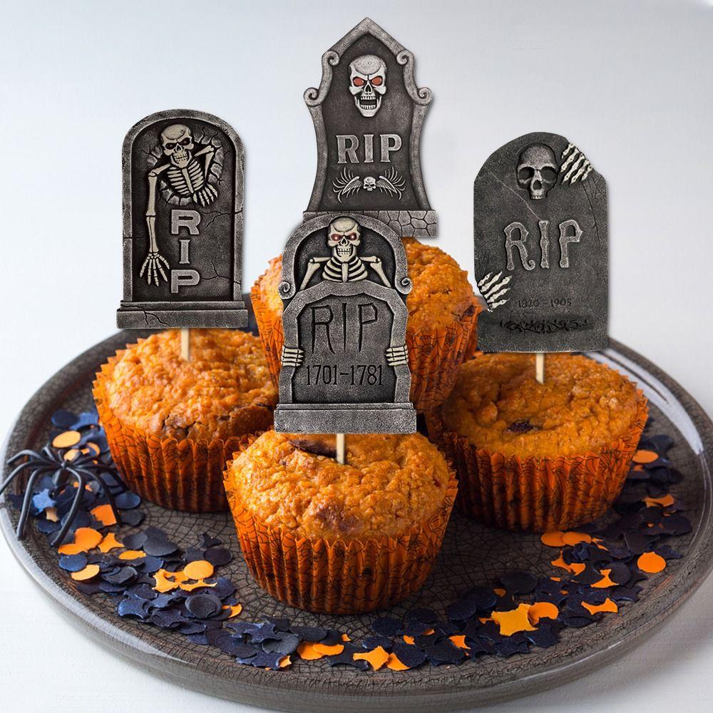 8pcs Festival Halloween Tombstone Cupcake Toppers Paper Tombstone Cake Insert Card  Ghost Festival