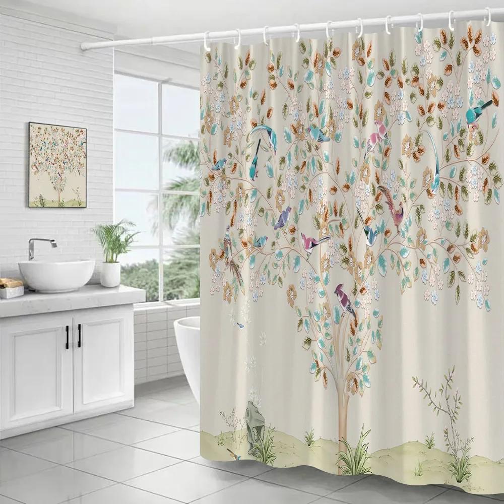 Flowers Birds Shower Curtains Creative Pink Floral Tree Plant Chinese Style Art Polyester Fabric Bathroom Decor Bath Curtain Set