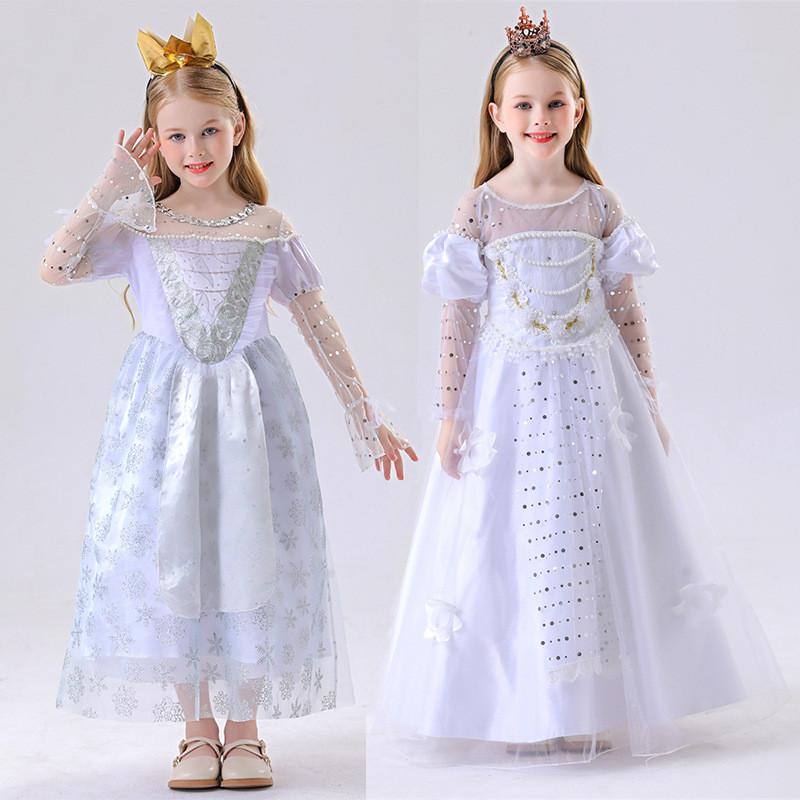 White Queen Costume For Children With Polyester Fabric For Theatrical Performances