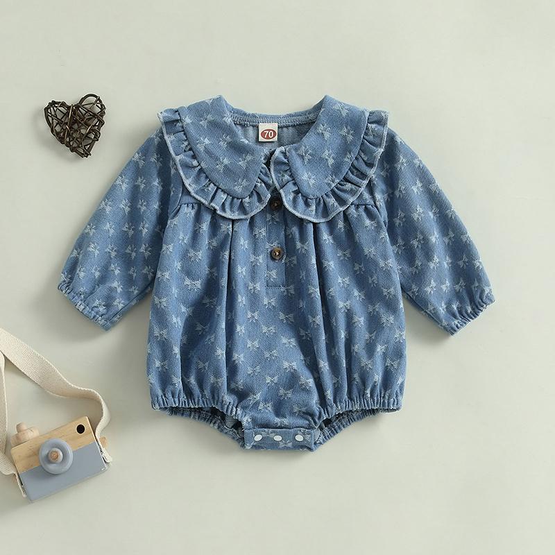 

Spring Autumn Newborn Baby Girls Sweet Rompers Long Sleeve Doll Collar Bow Print Loose Jumpsuits Casual Outfits Clothes 60
