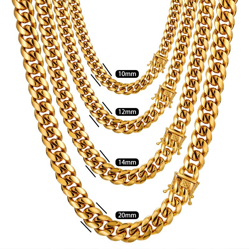 Factory Hip Hop Jewelry Men 8-14mm 18K Gold Plated Stainless Steel Miami Cuban Link Chain Luxury Necklace