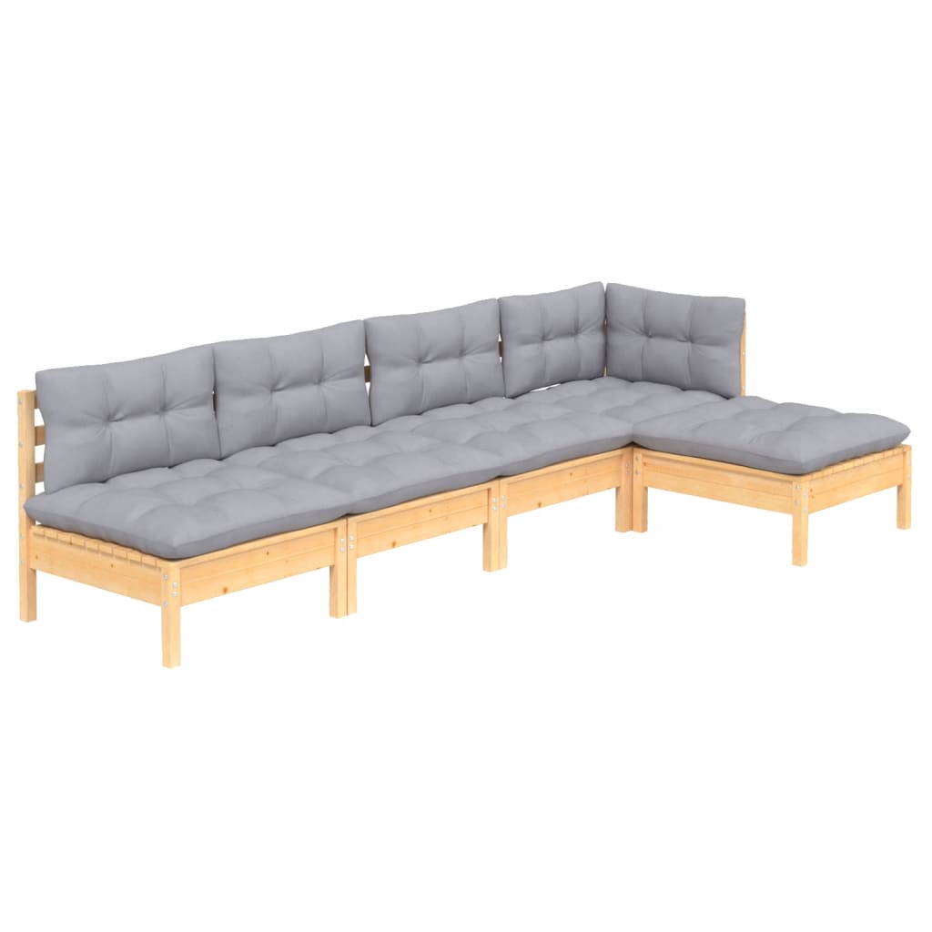 5 Piece Garden Lounge Set with Grey Cushions Pine Wood