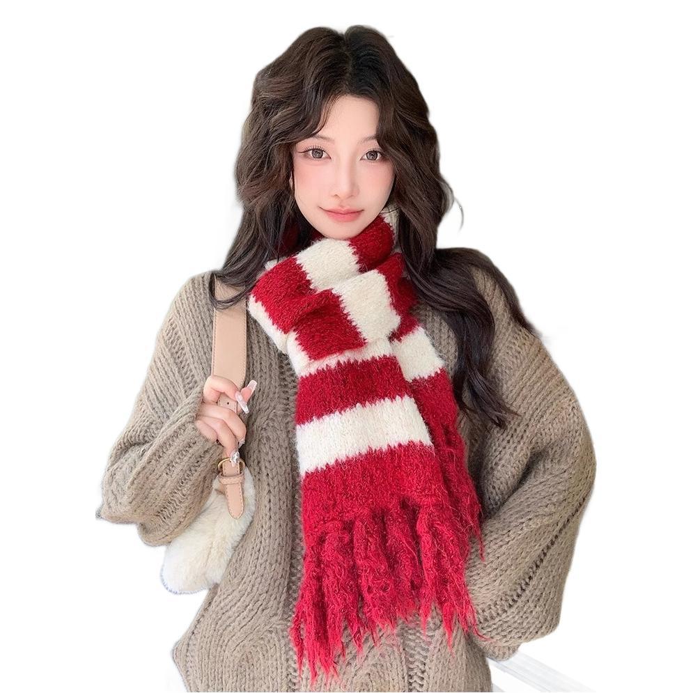 Korean Atmosphere Knitted Scarf Women's Winter Versatile Velvet Thickened Warm and Cold-proof Retro Fringed Wool Scarf