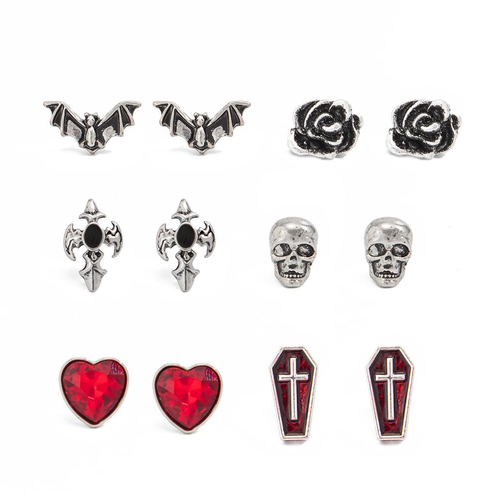 Creative Halloween Cartoon Oil Drip Ghost Pumpkin Stud Earrings Set Dark Wind Cross Skull Head Earrings