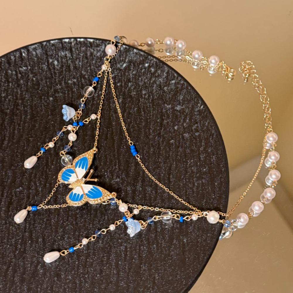 Bohemian Style Butterfly Pendant Necklace Pearl Beads Chain Choker Multilayer Necklace  Girls