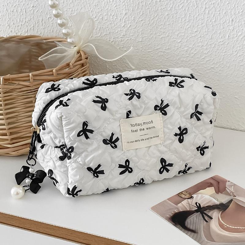 

Модная квадратная женская сумка-клатч для макияжа, портативная милая женская косметичка для хранения туалетных принадлежностей, сумочка с принтом банта и застежкой-молнией 15*7.5*9cm белый