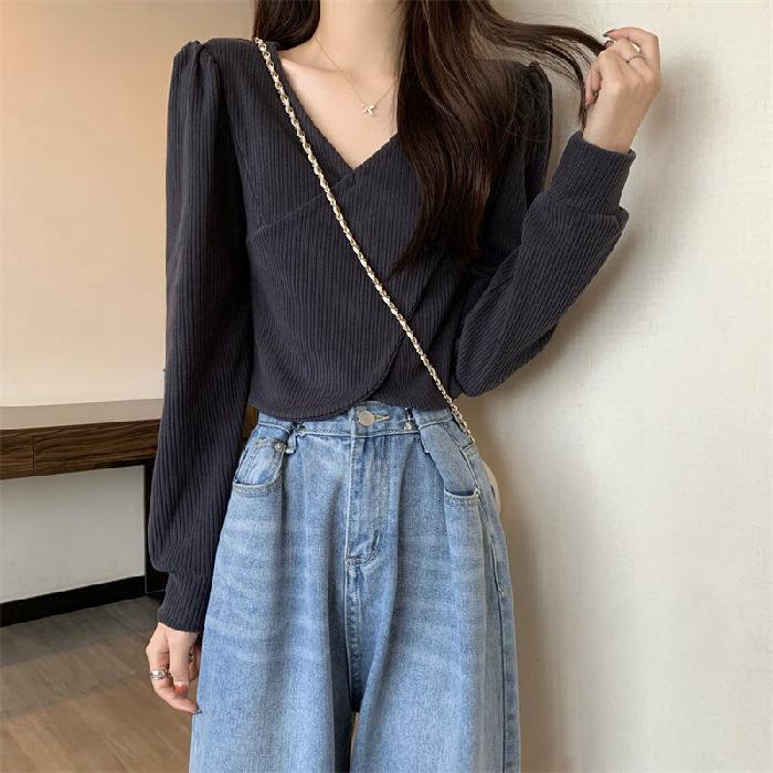 

Короткая базовая рубашка с V-образным вырезом для женщин с нишевым дизайном и высокой талией, футболка с длинными рукавами, нестандартный топ с рукавами-фонариками на весну и осень XL серый