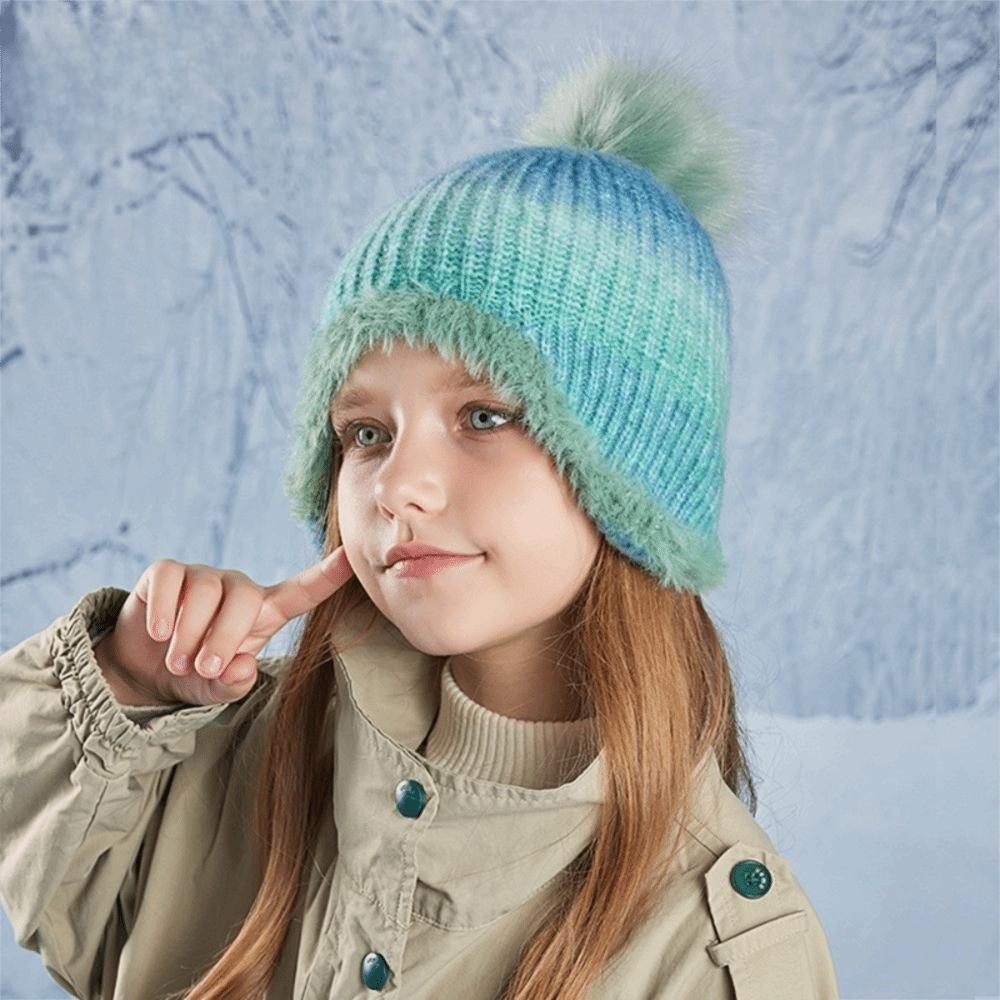 Multicolor Kids Knitted Hat Hairball Beanie Cap Cute Knitted Bucket Hat Autumn