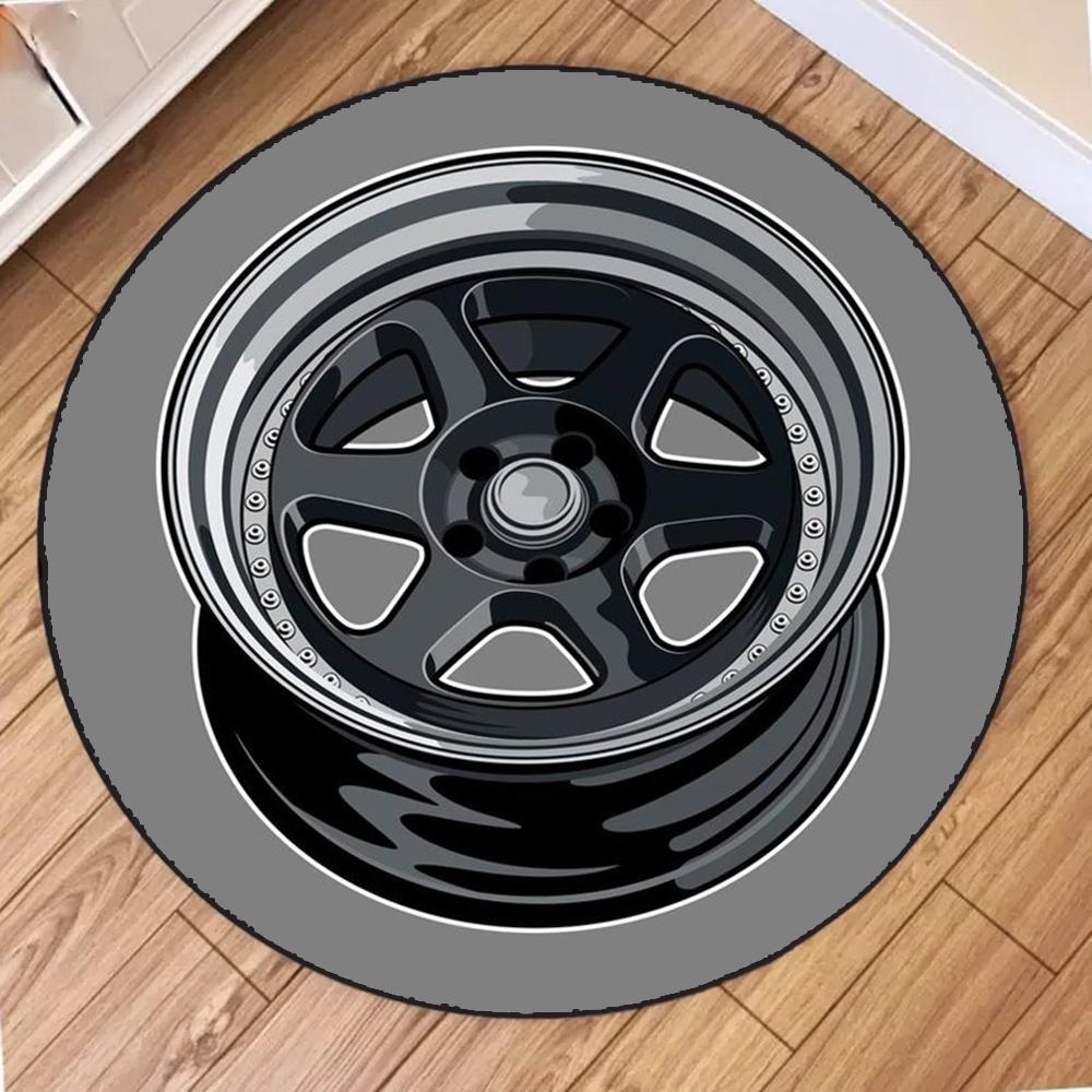 

Black Wheels Printing Round Carpet Living Room Bedroom Kitchen Bathroom Floor Mat Soft Circle Rug Birthday Decor 80x80cm