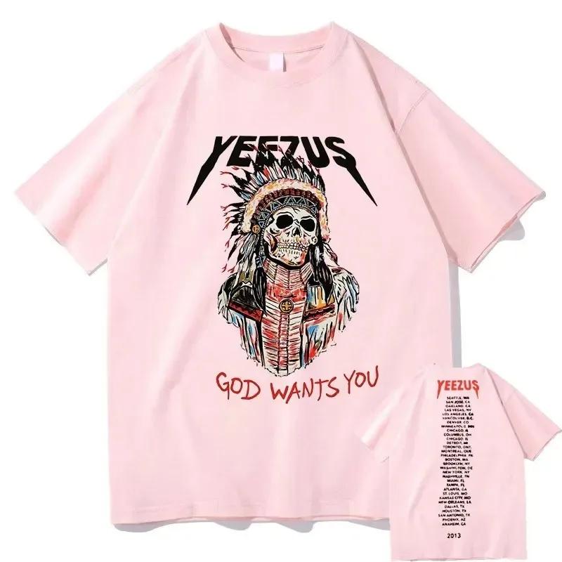 Gott will dich T-Shirt Kanye West Doppelseitiger Druck T-Shirt Tops Tribal Schädel Grafik T-Shirts Sommer Männer Frauen Hip Hop T-Shirt