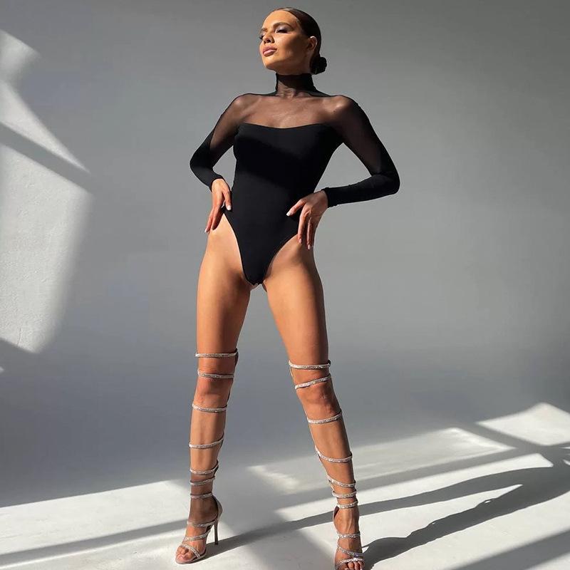 Elastic Women's Mesh Bodysuit Plus Size See Through Stretchy Black Long Sleeve Bodycon One-pieces Bodysuits Tops for Women