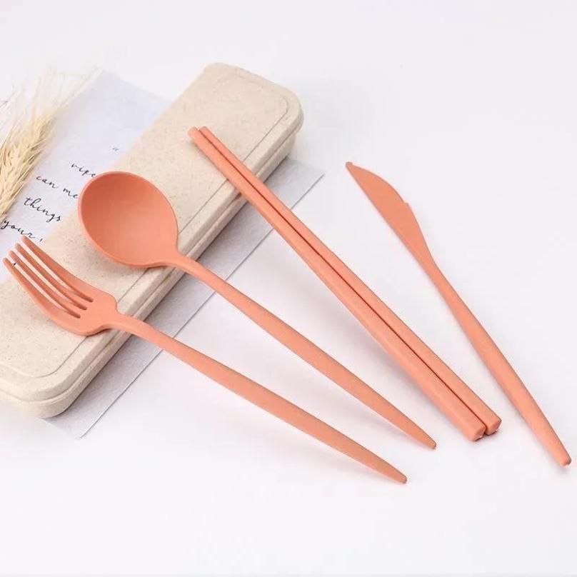 4 Pcs Wheat Straw Dinnerware Set Portable Tableware Knife Fork Spoon Eco-Friendly Travel Cutlery Set Utensil Box Chopsticks Set