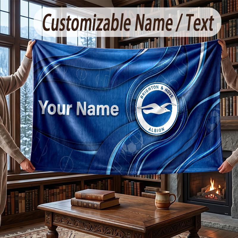 Custom Name Flannel Throw Blanket Brighton & Hove Albion Football Pattern Warm Home Decoration