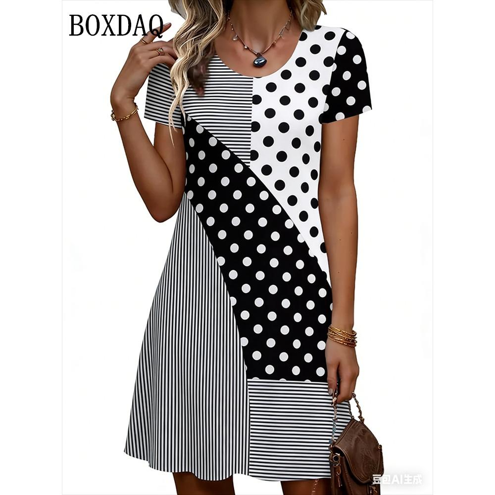 Polka Dot Striped Print Dresses For Summer 2026 New Fashion Women Clothing Loose Elegant Ladies Casual Short Sleeve A-Line Dress S