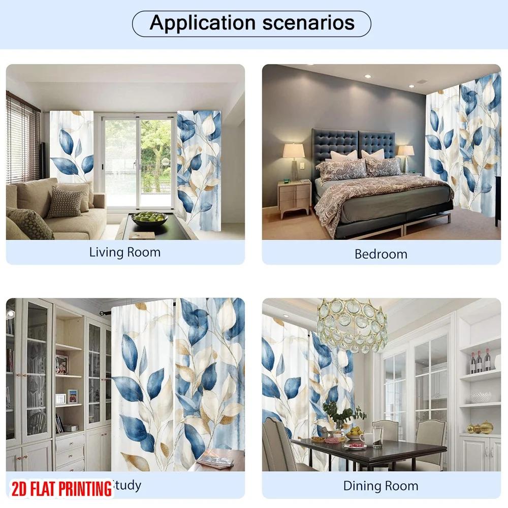 2pcs Watercolor Blue Leaf Printed Curtains, Designed for Light Filtering, Quality Material, Ideal for Daily Home Window Decorati