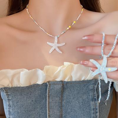 Bohemian Starfish Beaded Necklace Rice Beads Starfish Starfish Rice Beads Chain  Vacation Gift