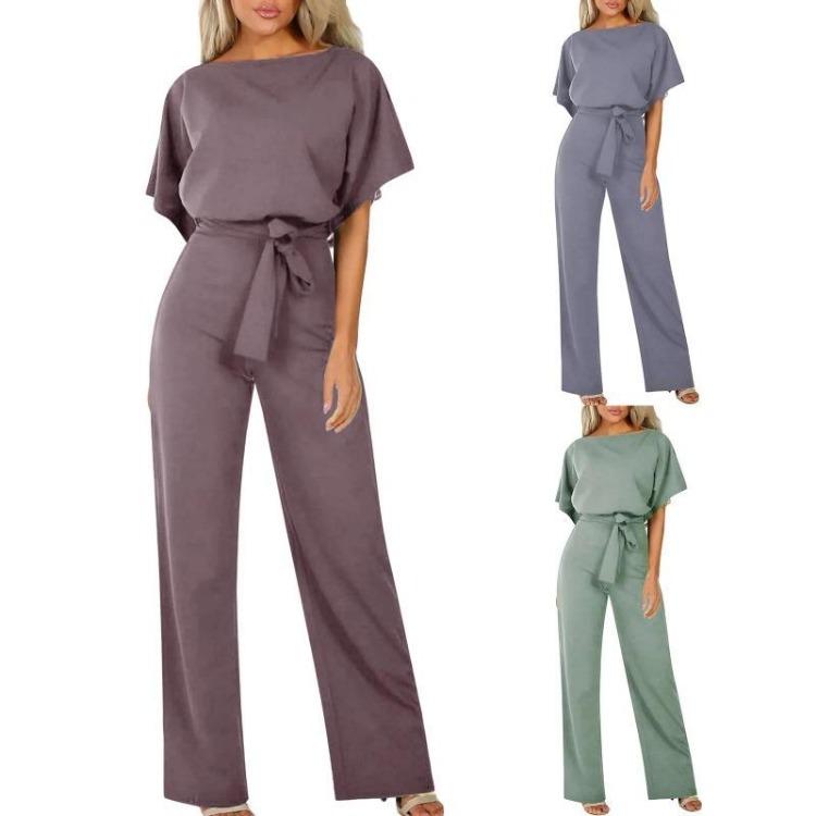 Elegant Women Slimming Jumpsuit with Batwing Short Sleeve and Lace Up Waist Solid Color Commuting Pantis Fashion Outfit