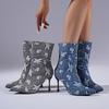 Side Zip Plus Size Women's Shoes Autumn New Denim Skinny Pointed Toe Stiletto Sexy Mid-Leg Boots