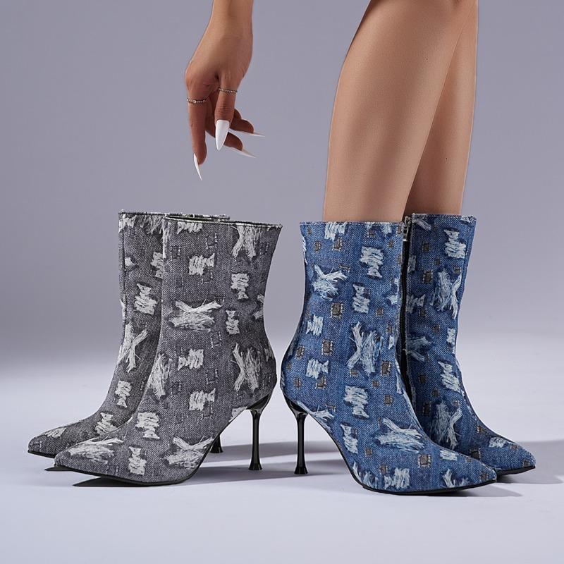 Side Zip Plus Size Women's Shoes Autumn New Denim Skinny Pointed Toe Stiletto Sexy Mid-Leg Boots