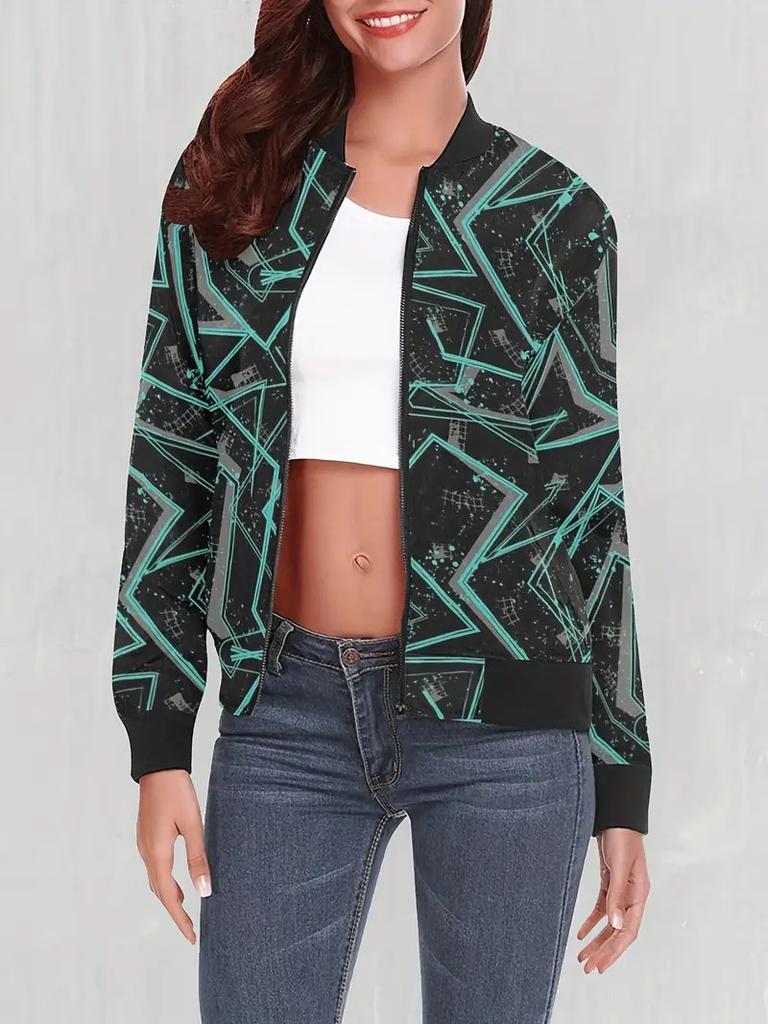 European and American Spring New American Retro Line Printing Jacket Zipper Jacket Temperament Commuter Women's Baseball Jersey MD3