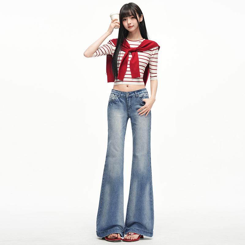 American blue low-rise slightly pulled jeans women's spring and summer new slim-fitting and thin straight-leg flared pants pants main push