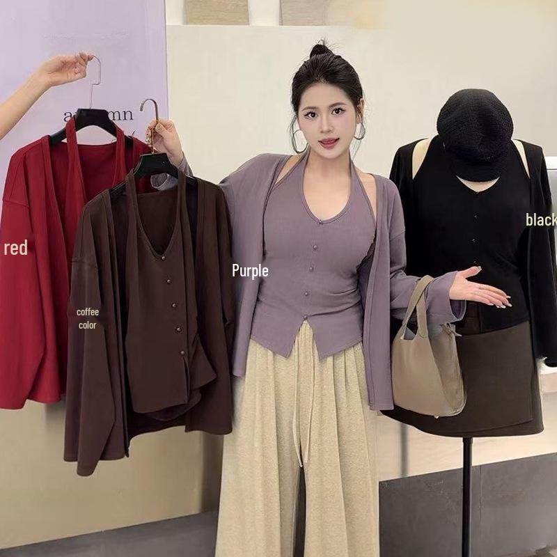 

Комплект танка-холтера с V-образным вырезом большого размера и вязаного кардигана - Женский осенний облегающий костюм-двойка 4XL