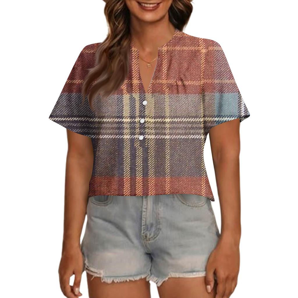 Women's Fashionable Casual V Neck Button Up Oversized Short Sleeve Printed Top