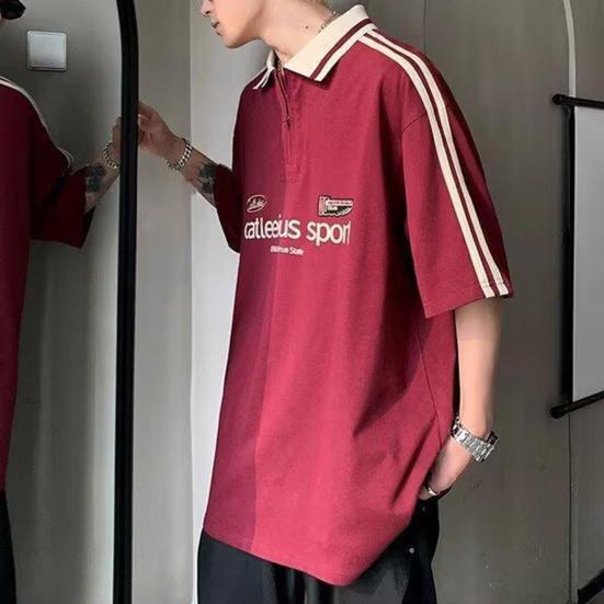 Unisex T-shirt Men Women Striped Letter Decoration Lapel Short Sleeve T-Shirt Casual Loose