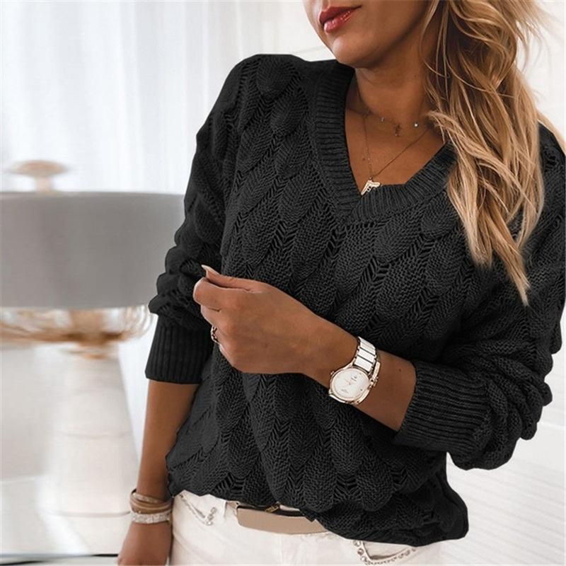 Autumn and Winter Three-dimensional Knitted Feather Hollow V-neck Long-sleeved Sweater Women,Solid Color Casual Knitted Sweater