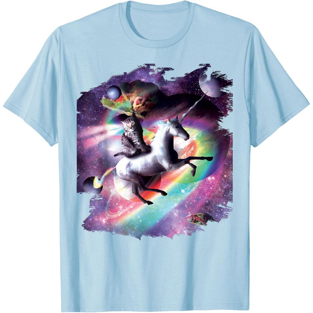 Space Cat Riding Unicorn Graphic Print Mens Cotton Casual Crewneck Tshirt