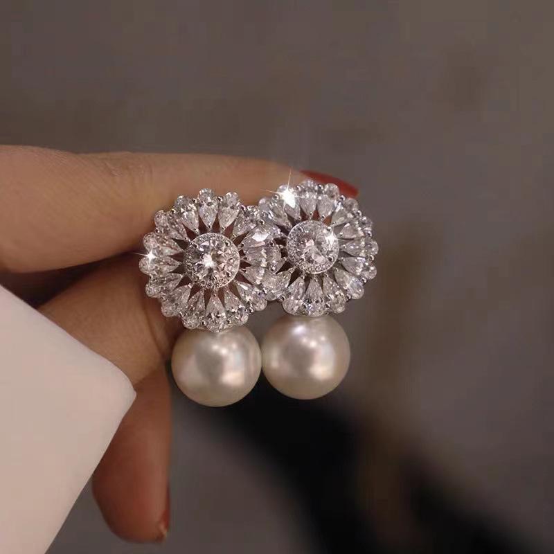 Korean Style Shiny Snowflake Pearl Flower Dangle Earrings - Silver Needle Ear Accessories