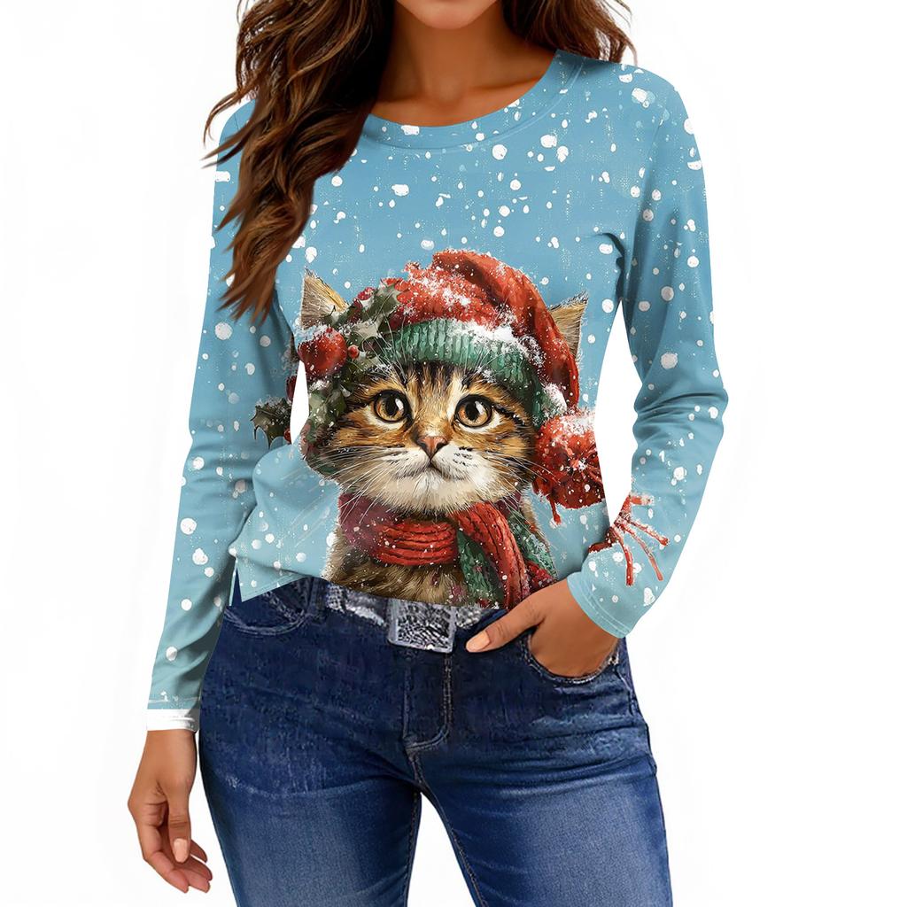 Women's Fashion Casual Slit Hem Round Neck Long Sleeve Loose Printed T-Shirt Ladies Top