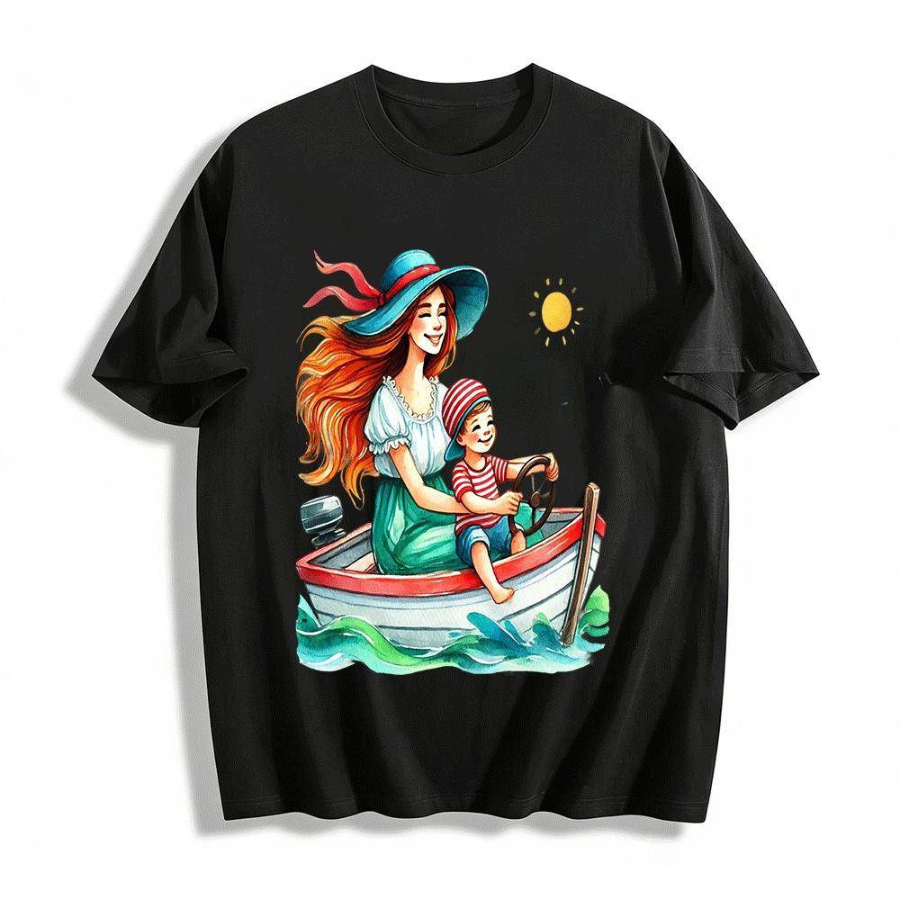 Mom And Kid Sailing Print Casual Top Vacation Boat Trip Tee Pure cotton T-shirt XXS