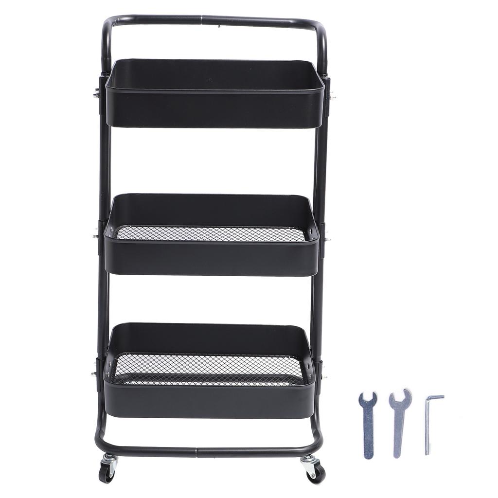 Rolling Utility Cart with 360 degrees  Rotating Wheels Handle Carbon Steel High Load Bearing 3 Tier Mesh