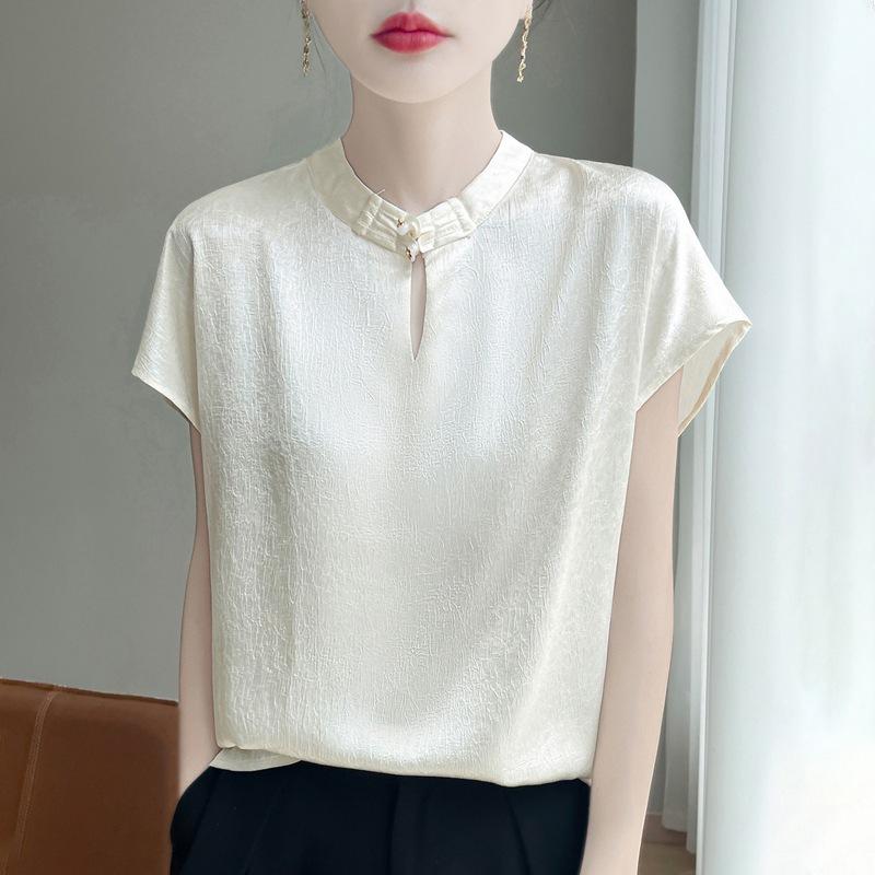 New Chinese style, spring and summer women's new national style buckle silky smooth satin texture design short-sleeved T-shirt top