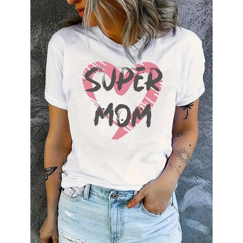 

European size Women S Oversized Super Mom Graphic T-Shirt with Pink Heart Bold Lettering - Soft Stretch Crew Neck Short Sleeve Top 4XL білий
