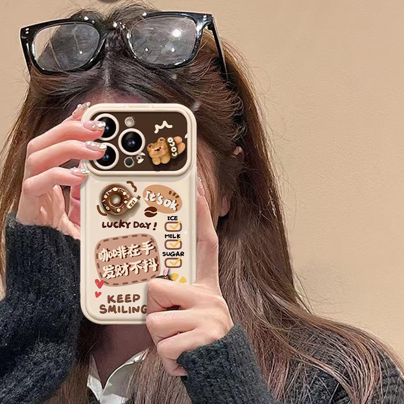 Applicable Apple 15promax Coffee Doll Lanyard iPhone14 Flip Mirror 16/13 Silicone 7 Mobile Phone Case