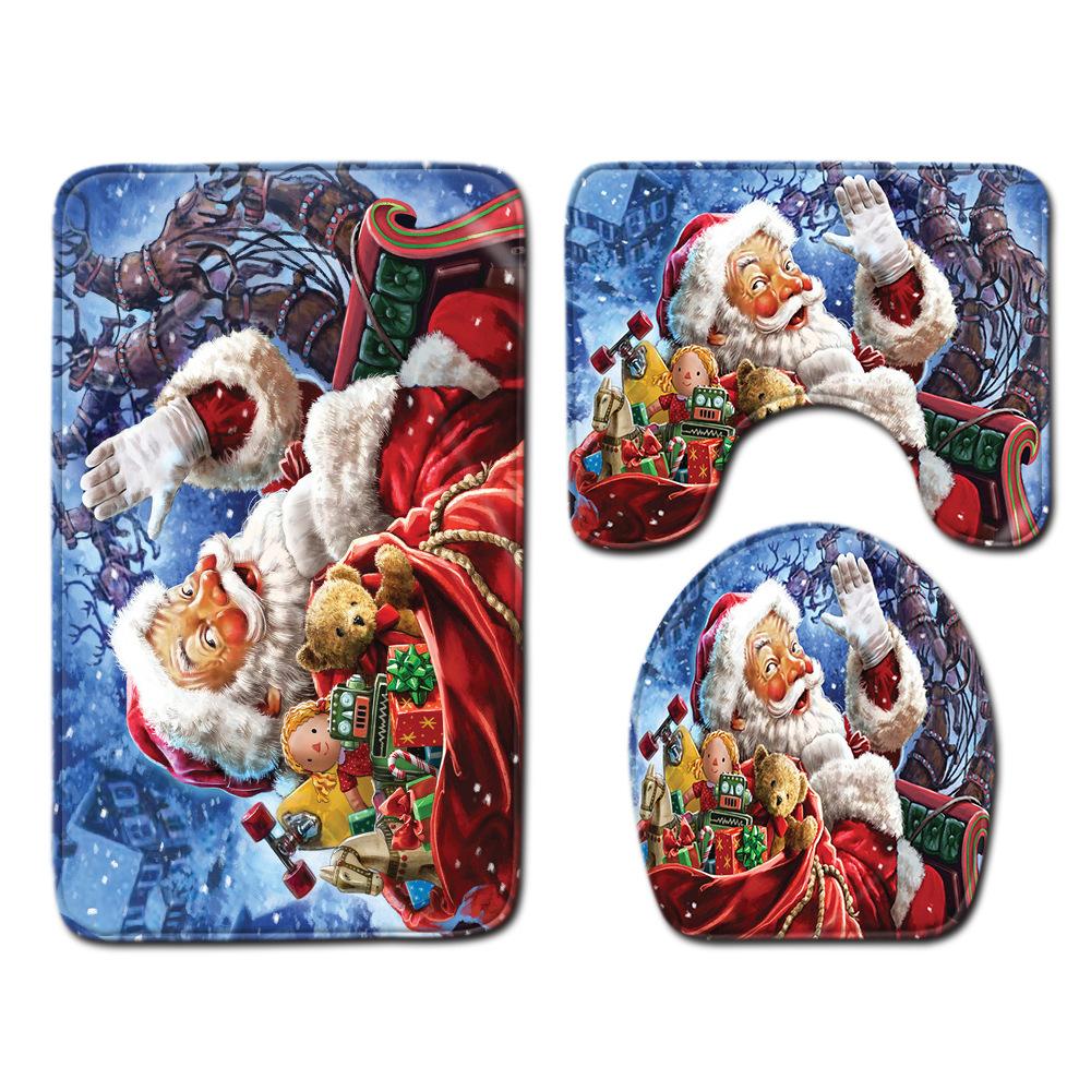 Christmas Shower Curtain Floor Mat Combination Four-Piece Set Bathroom Toilet Carpet Shower Room Mat Foot Mat