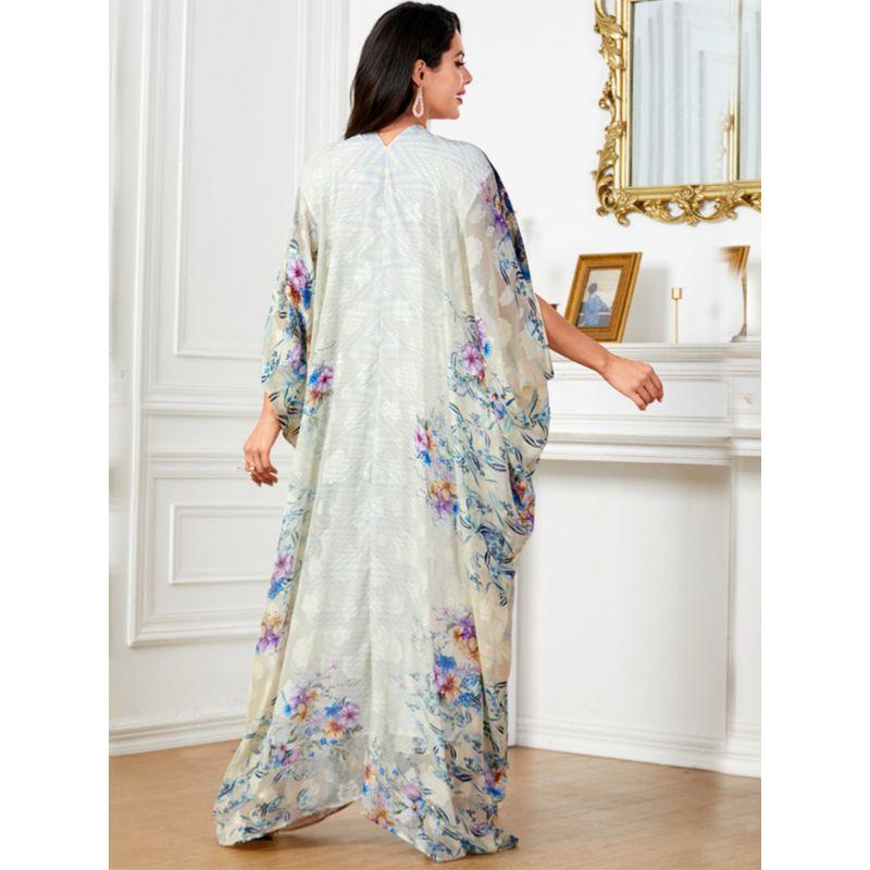 Indonesia Middle East Plus Size Women's Amazon Cross-Border Dress Djellaba V Neck Print Batwing Sleeve Dress Dress